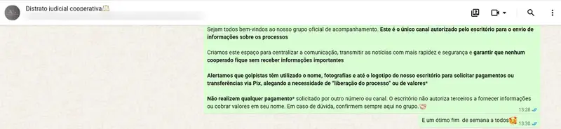 Recorte anonimizado de grupo oficial de acompanhamento de cooperados